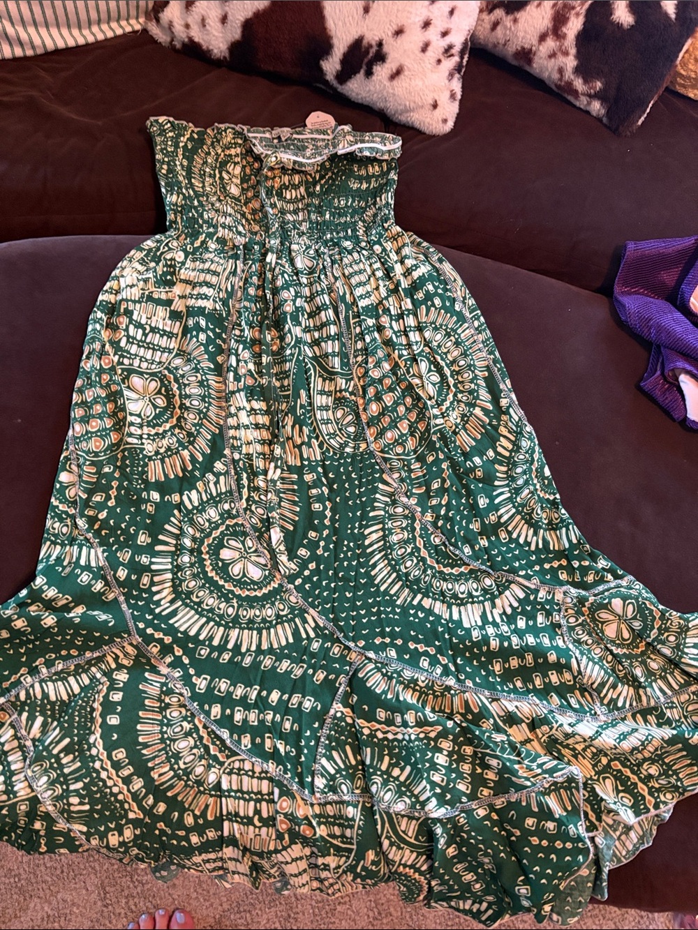 Smocked Strapless Green Patterned Maxi Dress